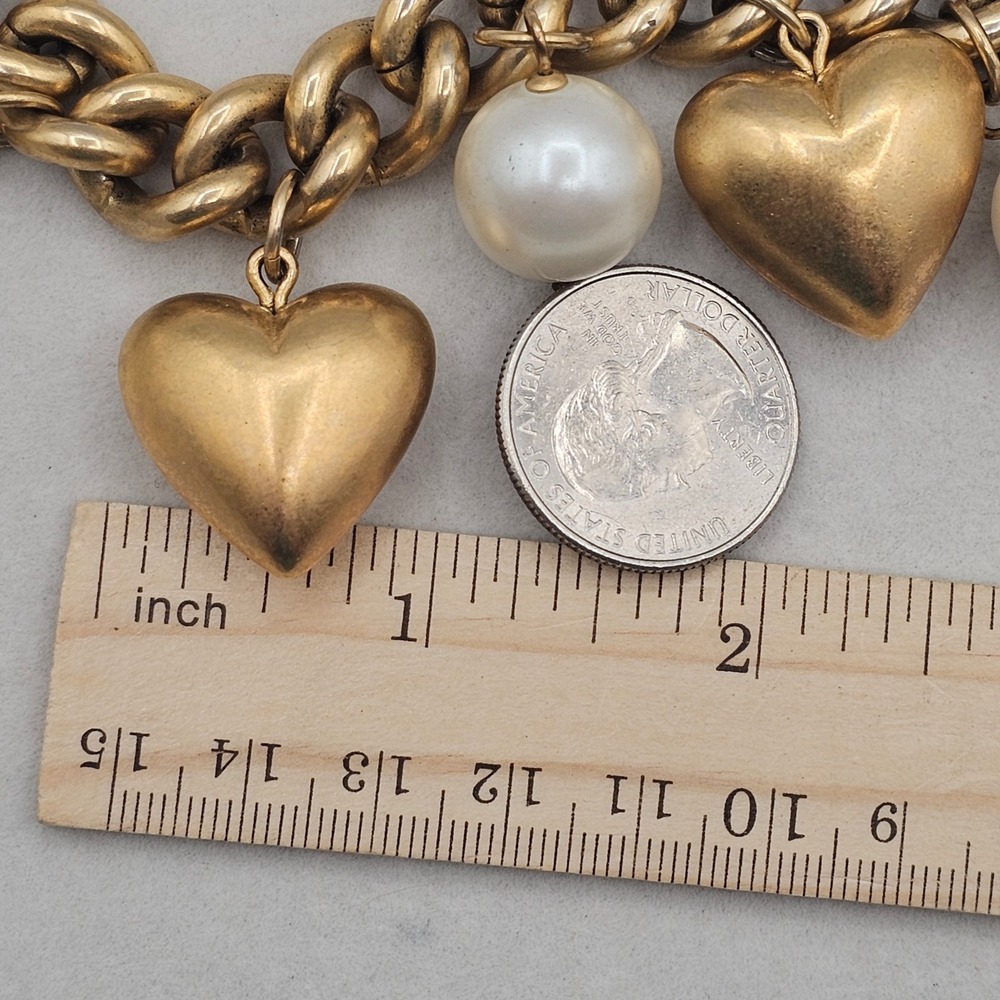 Anne Klein Puffy Heart Charm Bracelet Faux Pearl Chunky Gold Tone Chain 6.5in. - Picture 8 of 13
